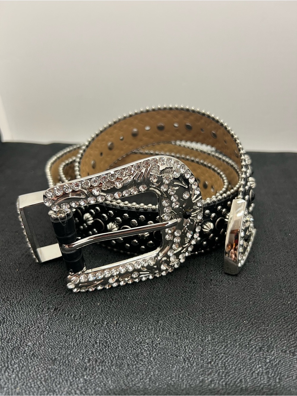 Black Rhinestone crocodile textured faux leather belt